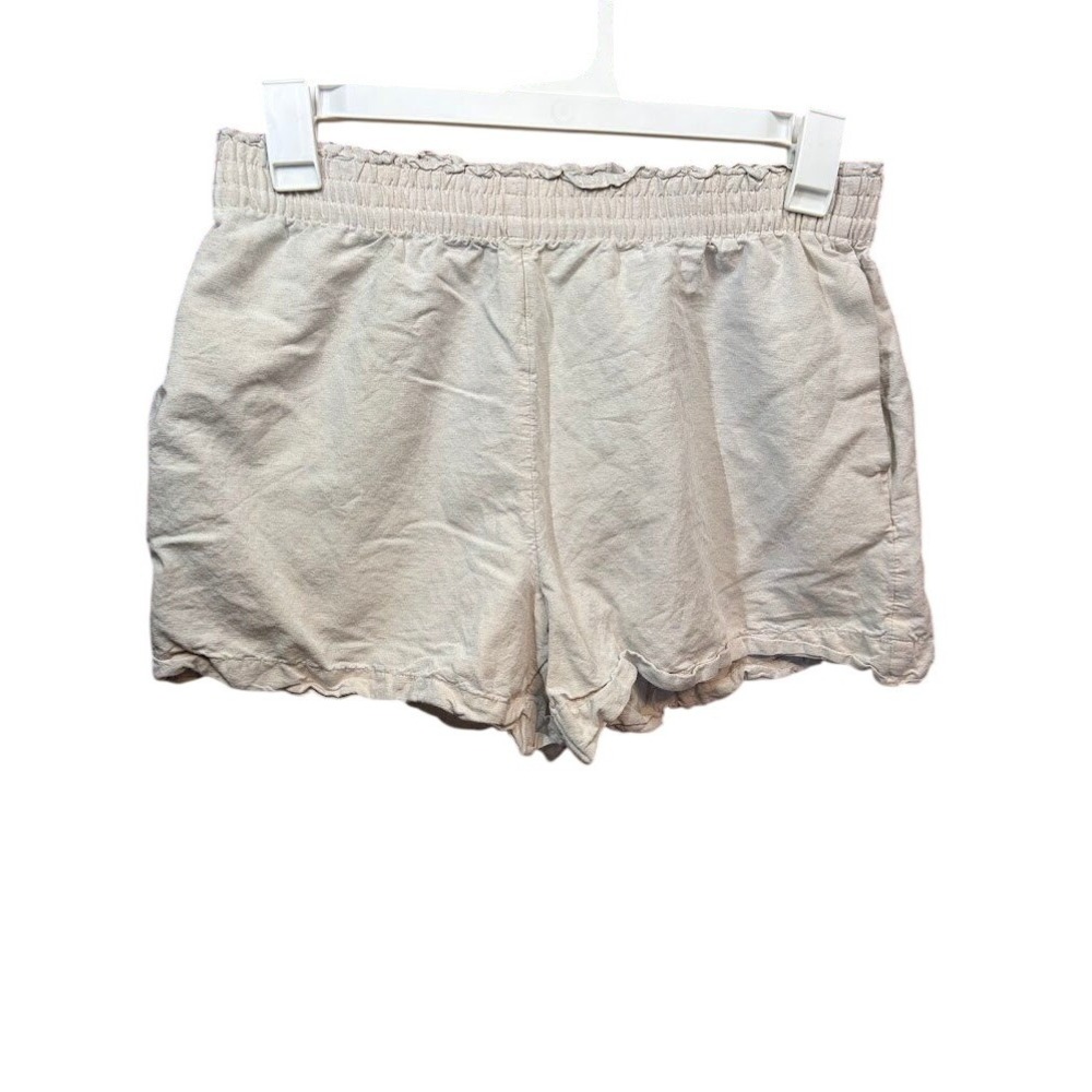 HM Linen Blend Paperbag Waist Shorts Beige Oatmeal Smocked Pull On Womens Medium